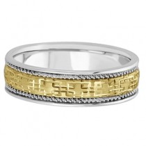 Mens Wide Handmade Vintage Carved Wedding Ring 14k Two-Tone Gold (6mm)