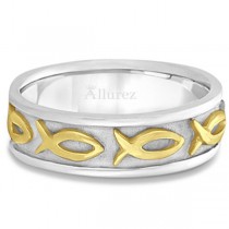 Mens Ichthus Christ Fish Symbol Wedding Ring Band 18k Two-Tone Gold (7mm)