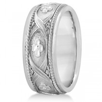 Flower Design Hand-Carved Eternity Wedding Band in 18k White Gold
