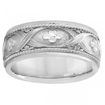Flower Design Hand-Carved Eternity Wedding Band in 18k White Gold