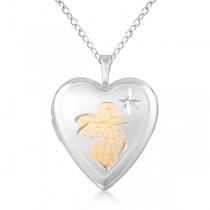 Heart Pendant Locket Necklace w/ Angel & Star Design Sterling Silver