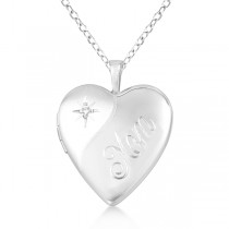 Sterling Silver "Mom" Engraved Heart Diamond Locket Necklace (0.01ct)