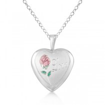 Heart Pendant Photo Locket w/ Love Engraving & Flower Sterling Silver