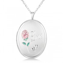 Oval Pendant Photo Locket w/ Love Engraving & Flower Sterling Silver