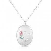 Oval Pendant Photo Locket w/ Love Engraving & Flower Sterling Silver