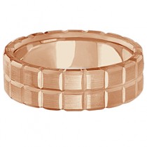 Men's Carved Square Station Wedding Ring Band 14k Rose Gold (8mm)
