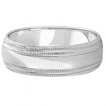 Mens Shiny Double Milgrain Wedding Ring Wide Band 14k White Gold (7mm)