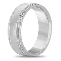 Mens Shiny Double Milgrain Wedding Ring Wide Band 18k White Gold (7mm)