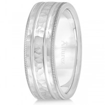 Men's Groove Wedding Band Shiny Hammer Finish 14k White Gold (7.5mm)