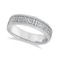 Mens Carved Wedding Band Heart Shape Design Palladium (5.5mm)
