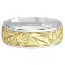 Men's Christian Leaf and Cross Wedding Band 14k Two Tone Gold (7mm)