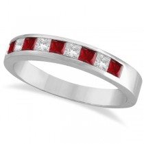 Princess-Cut Channel-Set Diamond & Ruby Ring Band 14k White Gold