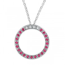 Diamond & Pink Sapphire Circle Pendant Necklace 14K White Gold