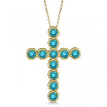 Blue Diamond Cross Pendant Necklace 14k Yellow Gold (1.57ct)