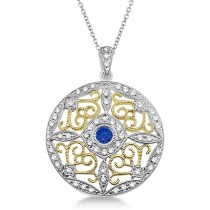 Antique Filigree Sapphire & Diamond Pendant 14K Two Tone Gold (0.51ct)