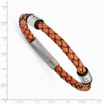 Men's Stainless Steel Polished Orange Genuine Leather Bracelet