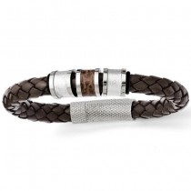 Men's Stainless Steel Polished Brown Leather Black Rubber Bracelet