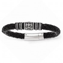 Men's Antiqued & Polished Rubbert Black Genuine Leather Bracelet