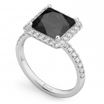 Princess Cut Halo Black Onyx & Diamond Engagement Ring 14K White Gold 3.47ct