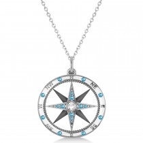 Compass Pendant Blue Topaz & Diamond Accented 14k White Gold (0.19ct)
