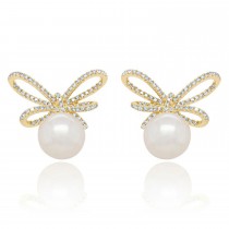 Diamond & Cultured Pearl Bow Stud Earrings 14K Yellow Gold (0.47ct)